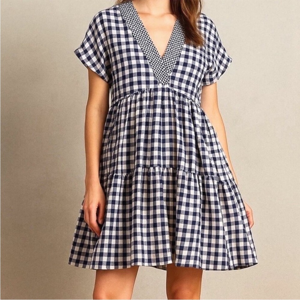 Anthropologie Navy and White Gingham Mini Dress